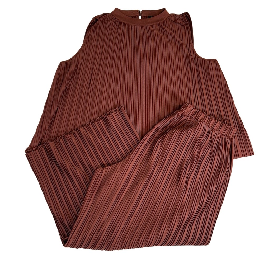 Ann Taylor Factory Plissé Pleated 2-Piece Set - Top (XL) & Pants (L) - Rust